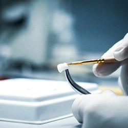 A lab worker processing a dental crown